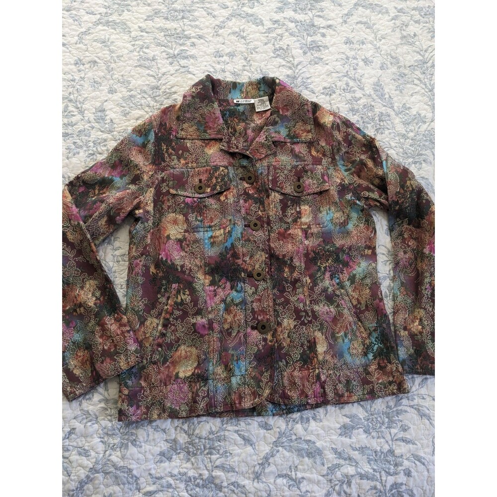 Vtg Eclectic Boho Floral Design With Embroidered Overlay Collared Jacket Sz S